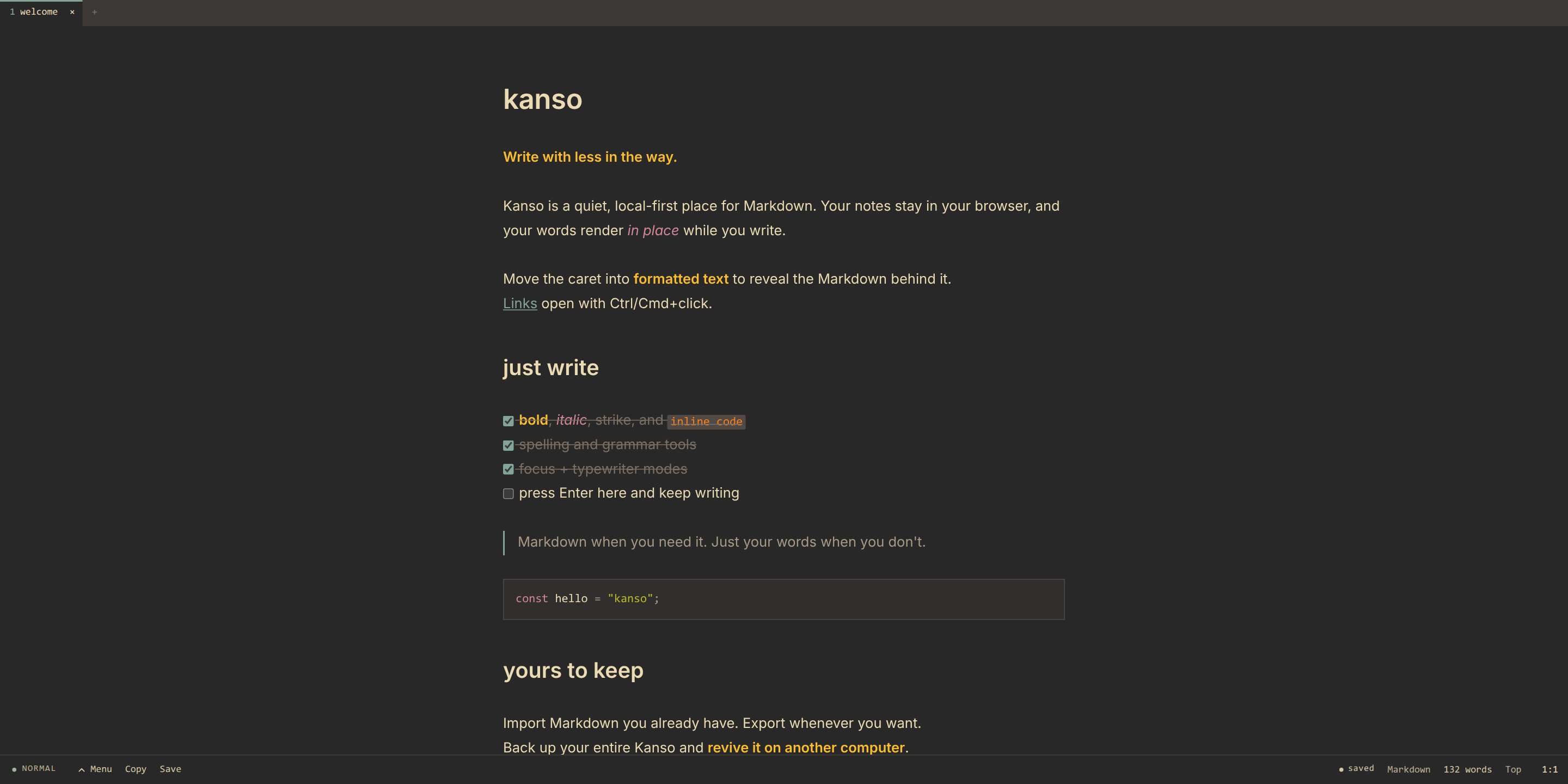 Kanso editor with a note rendering a heading, task list, blockquote, and fenced TypeScript code block, framed by a tab line above and a status line below.