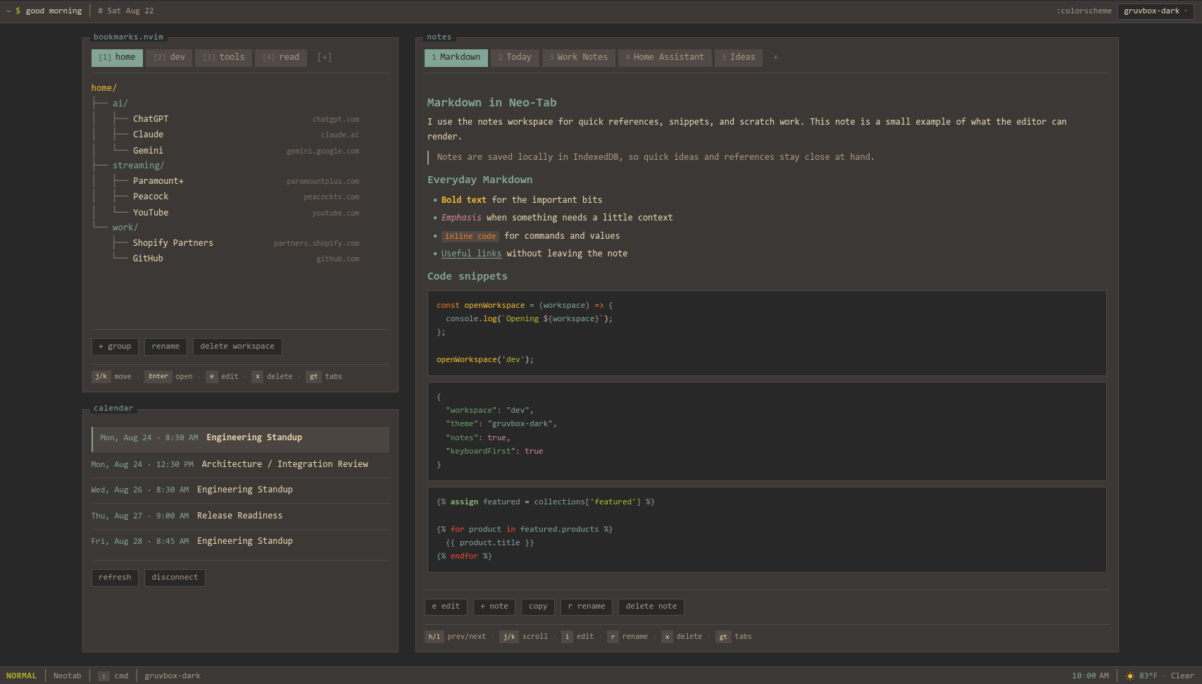 Neo-Tab start page showing bookmark groups beside a Markdown notes workspace with code snippets.